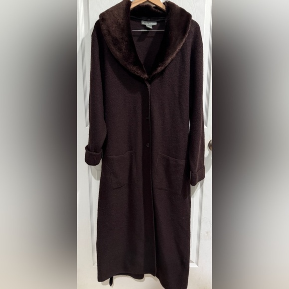 Elegant Brown Cardigan Coatigan 100% Wool w Removable Faux Fur Collar pockets - Picture 7 of 8